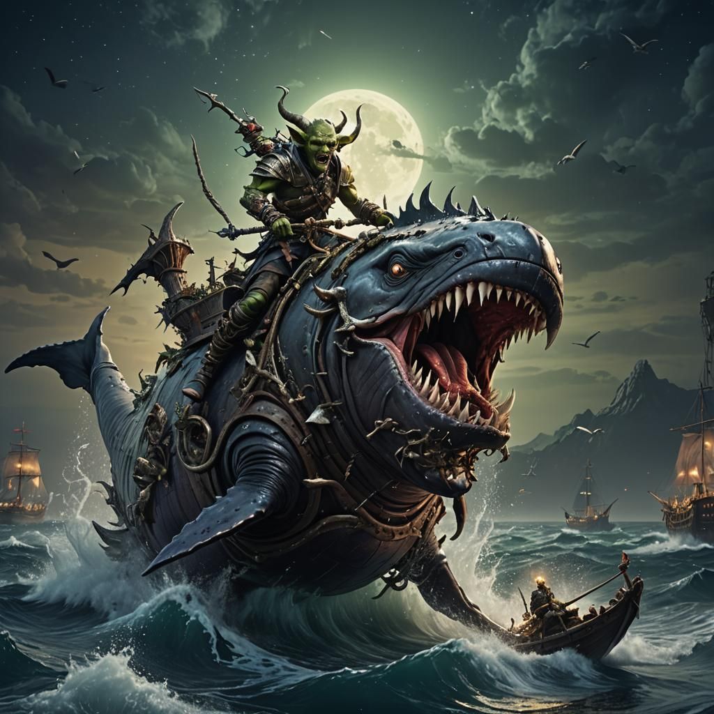 Goblin Warrior Rides Whale Carcass at Night