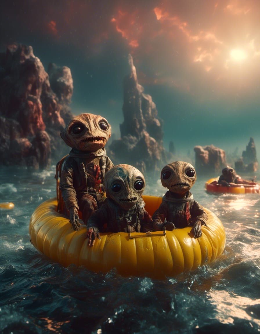 Cute Aliens in Life Boat at Sunset: Hyperrealistic
