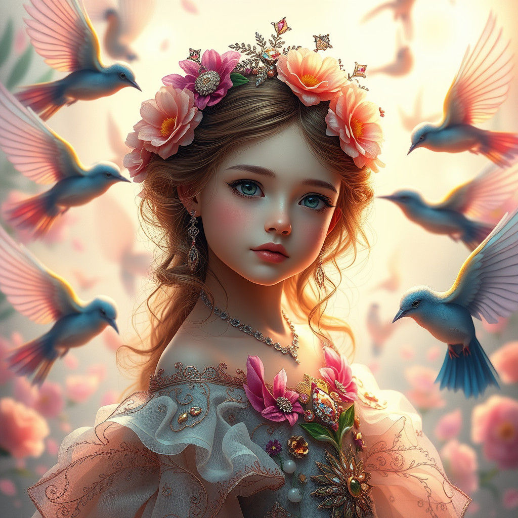 Fantasy Flower Girl with Iridescent Birds in Splash Art Styl...