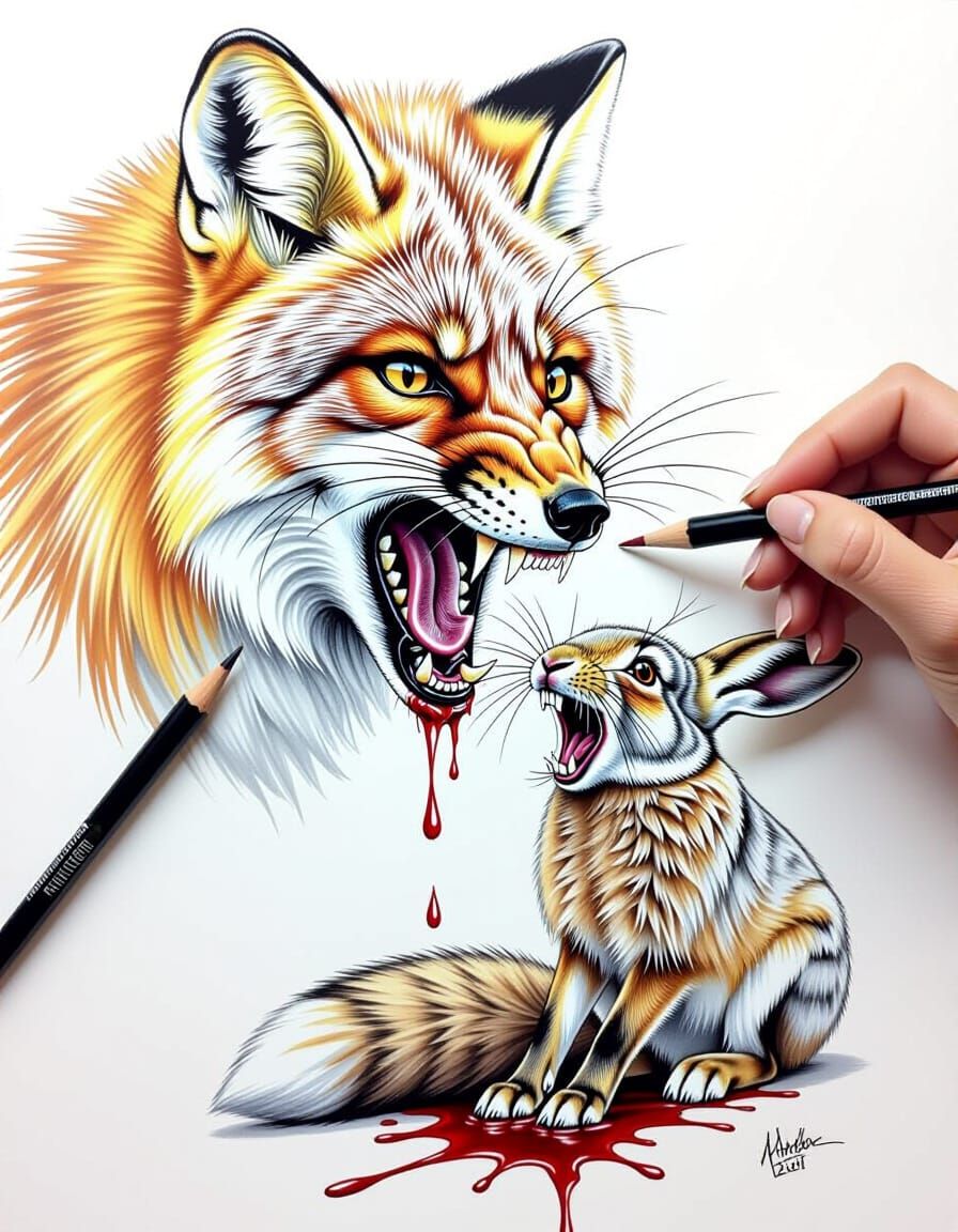 Woman's Hand Draws Furious Arctic Fox from Canvas