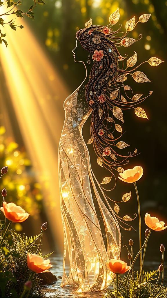Ethereal Goddess Emerging from Glassy Florals in Golden Ligh...