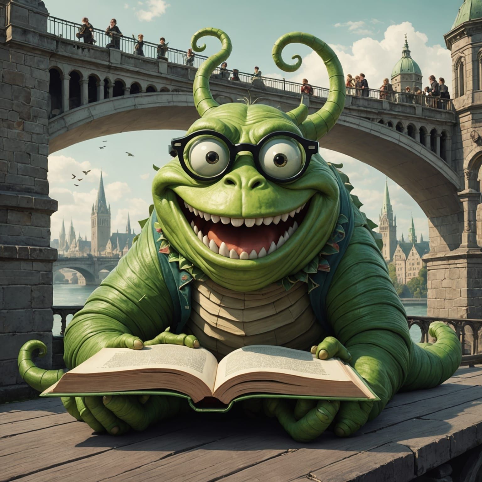 Giant Bookworm Devouring Knowledge in Ancient Library