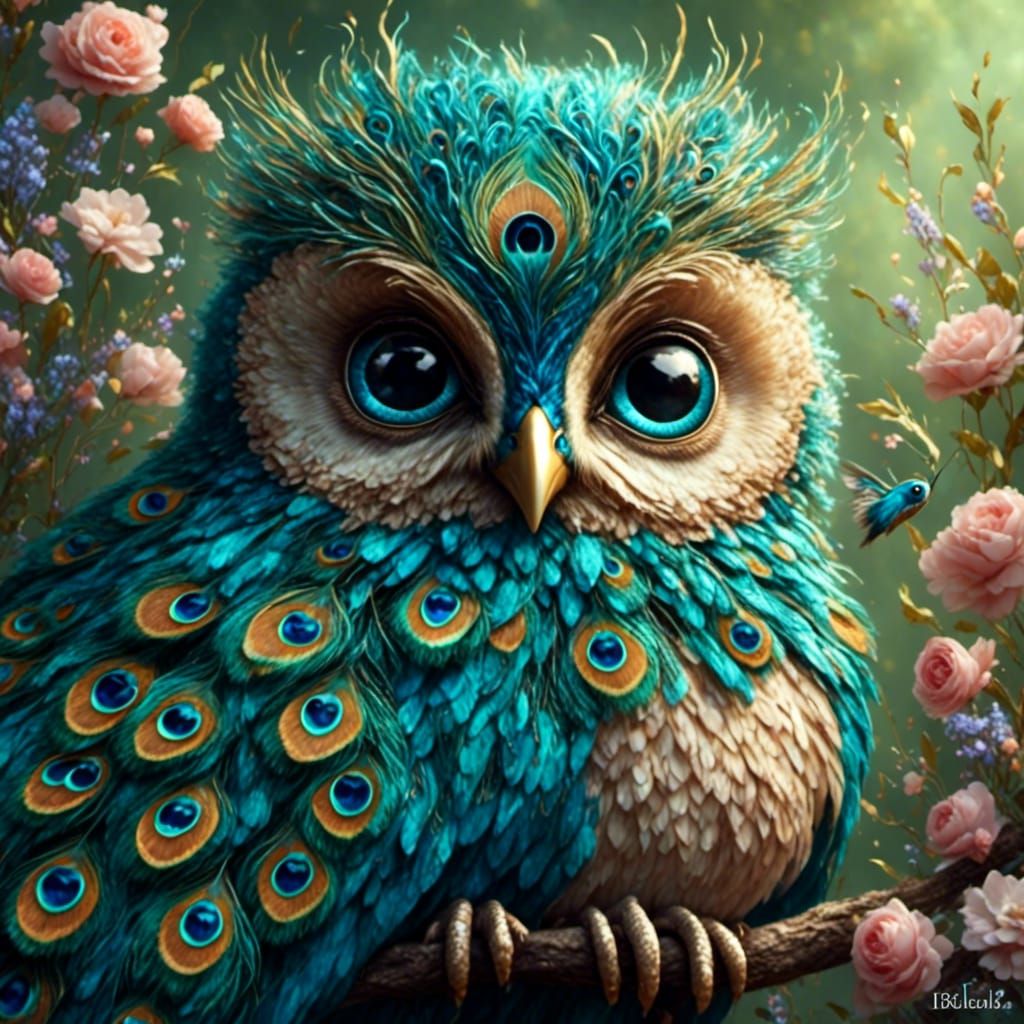 Cute Photorealistic Owl Peacock Hybrid in Fairytale Colors