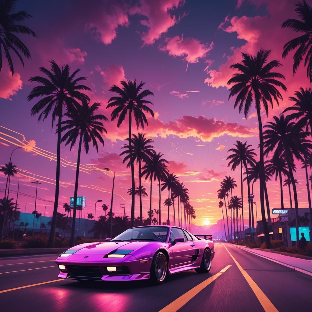 Synthwave Cityscape with Vintage Car in Digital Art