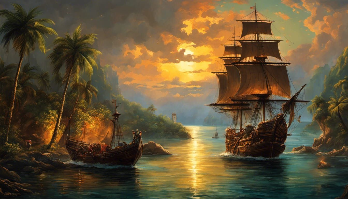 Pirate Ship Storm Battle in Rembrandt Style