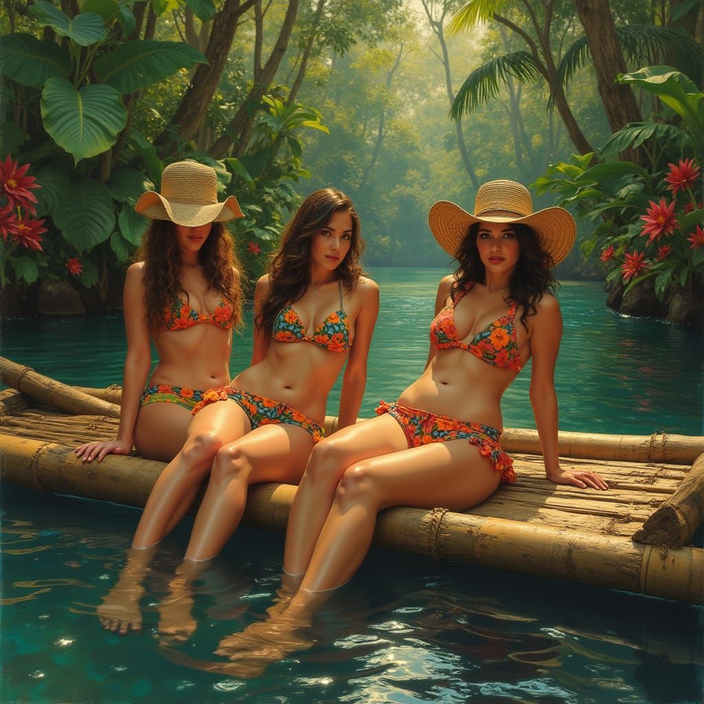 Sensual Tropical Women Relax on a Bamboo Raft in Brazil's Ri...