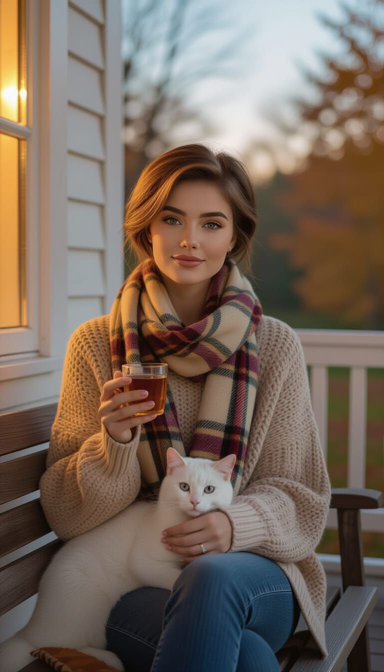 Cozy Autumn Evening Portrait with Woman and Cat