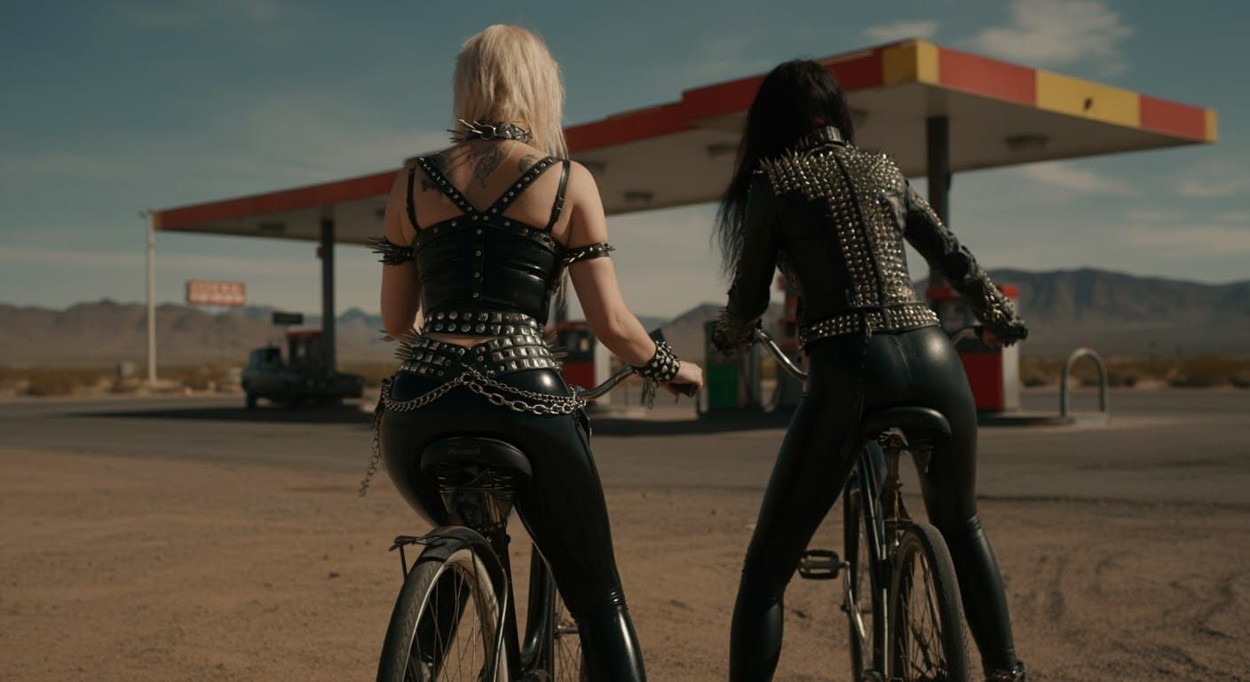 Women on a Bike in a Desert Gas Station Scene, Cinematic Fil...