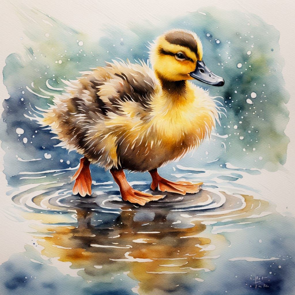 Happy Duckling Dances on a Puddle: Watercolor Painting