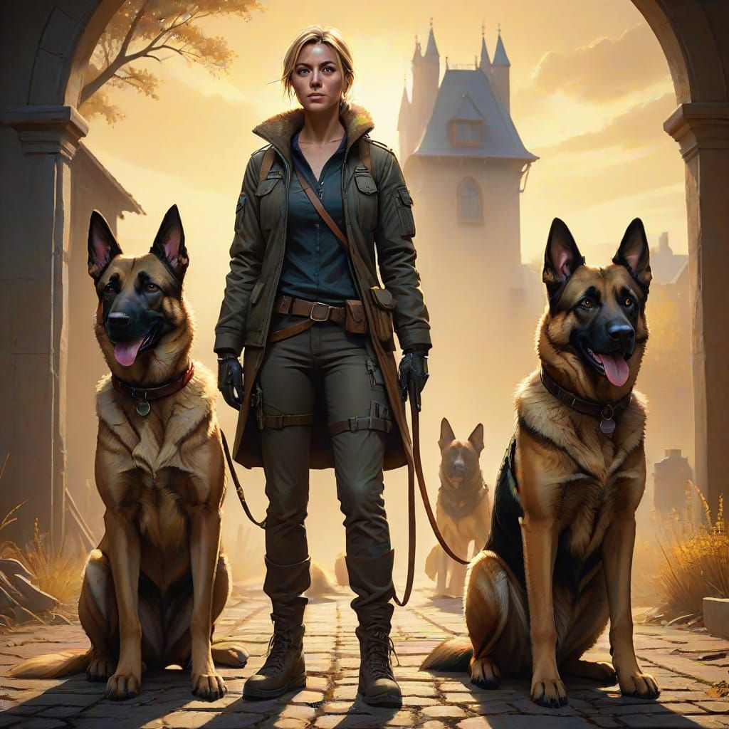 Woman With Belgian Malinois And German Shepherd Dogs