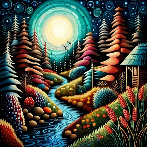 Vibrant Garden Scene in Mixed Media Style