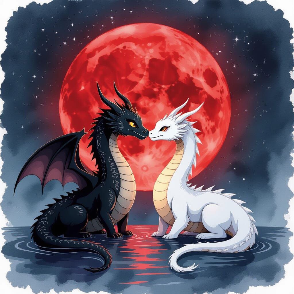 Dragon Kiss Under Red Moon in Watercolor Style