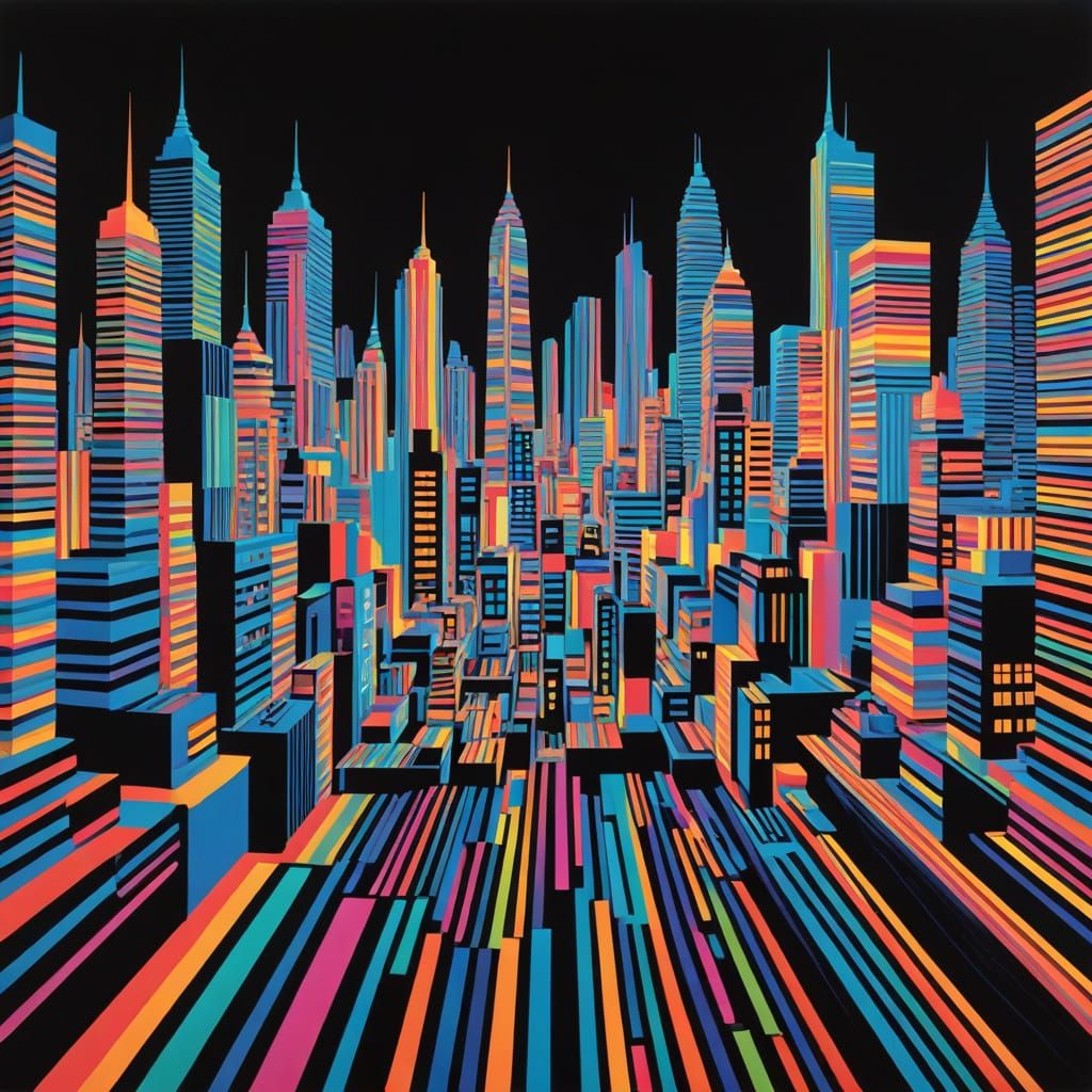 Futuristic Neon Cityscape with Op Art Patterns