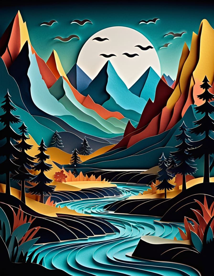 Dramatic Paper-Cut Landscape with Mountains and River