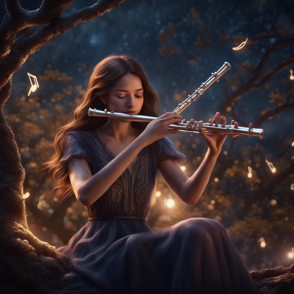 Girl Playing Flute in Dreamlike Forest Landscape