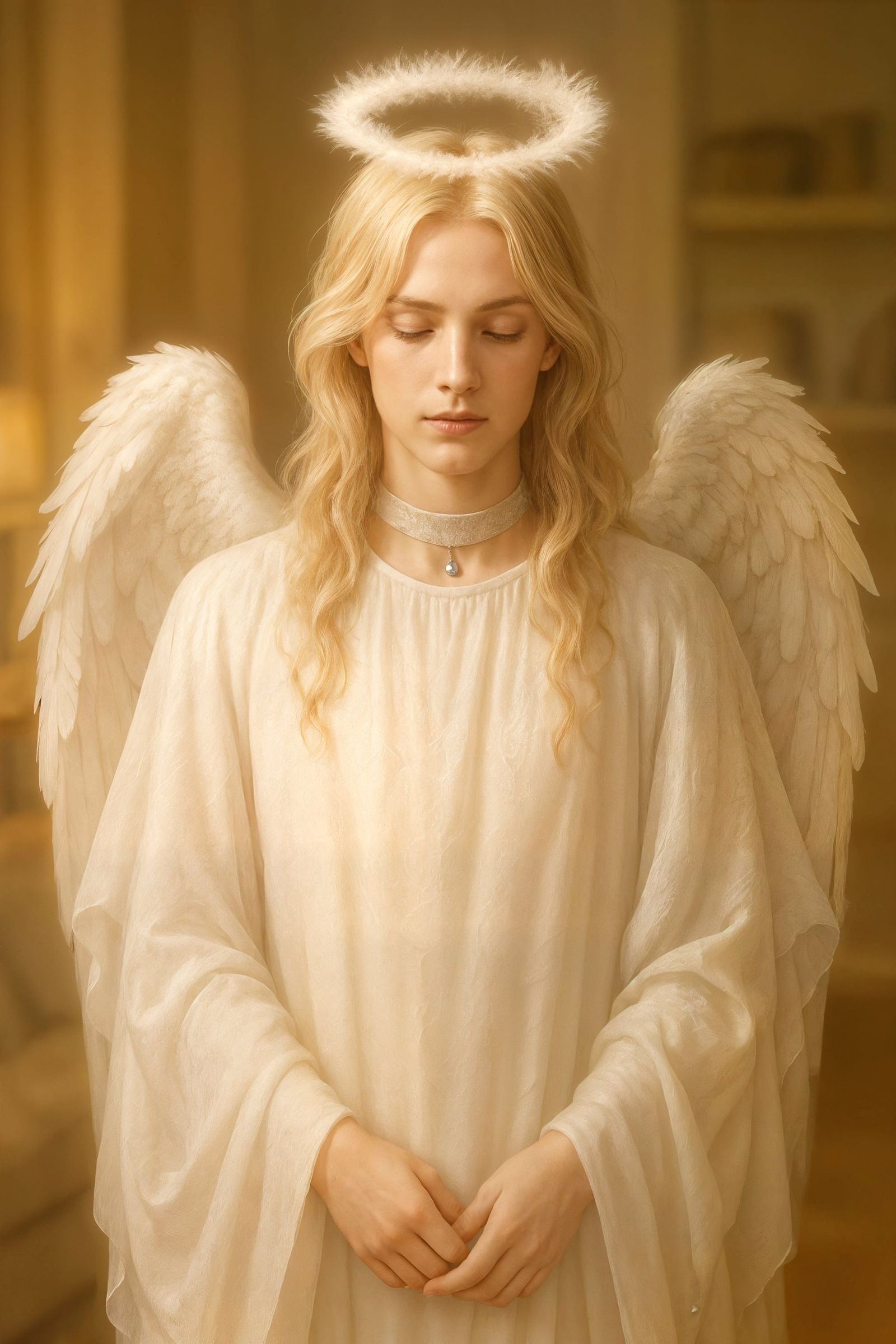 Ethereal Angel in Flowing White Gown Digital Art