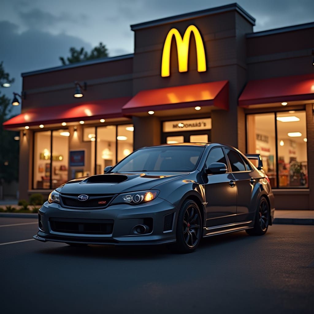 Sleek Dark Grey Subaru WRX at McDonald's Dusk