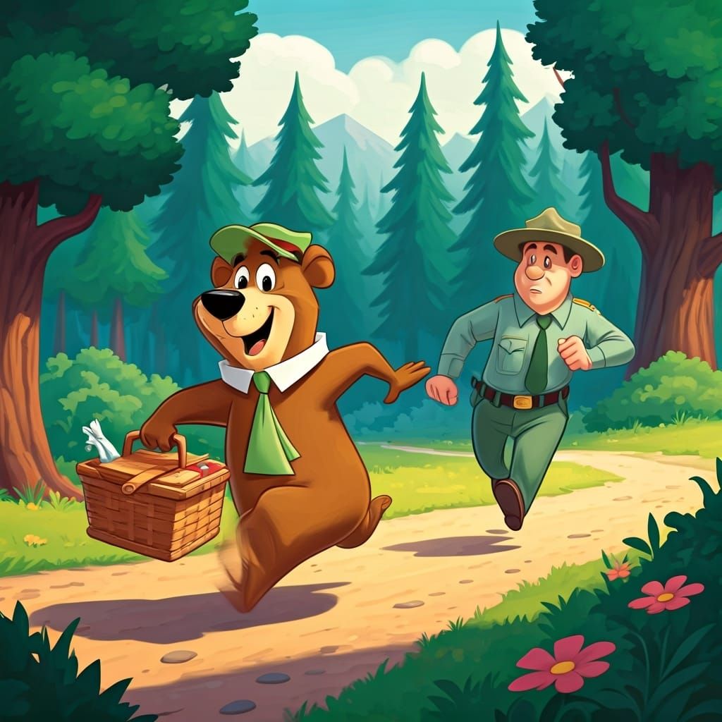 yogi bear with a picnic basket being chased by the Park Ranger in Jellystone Park