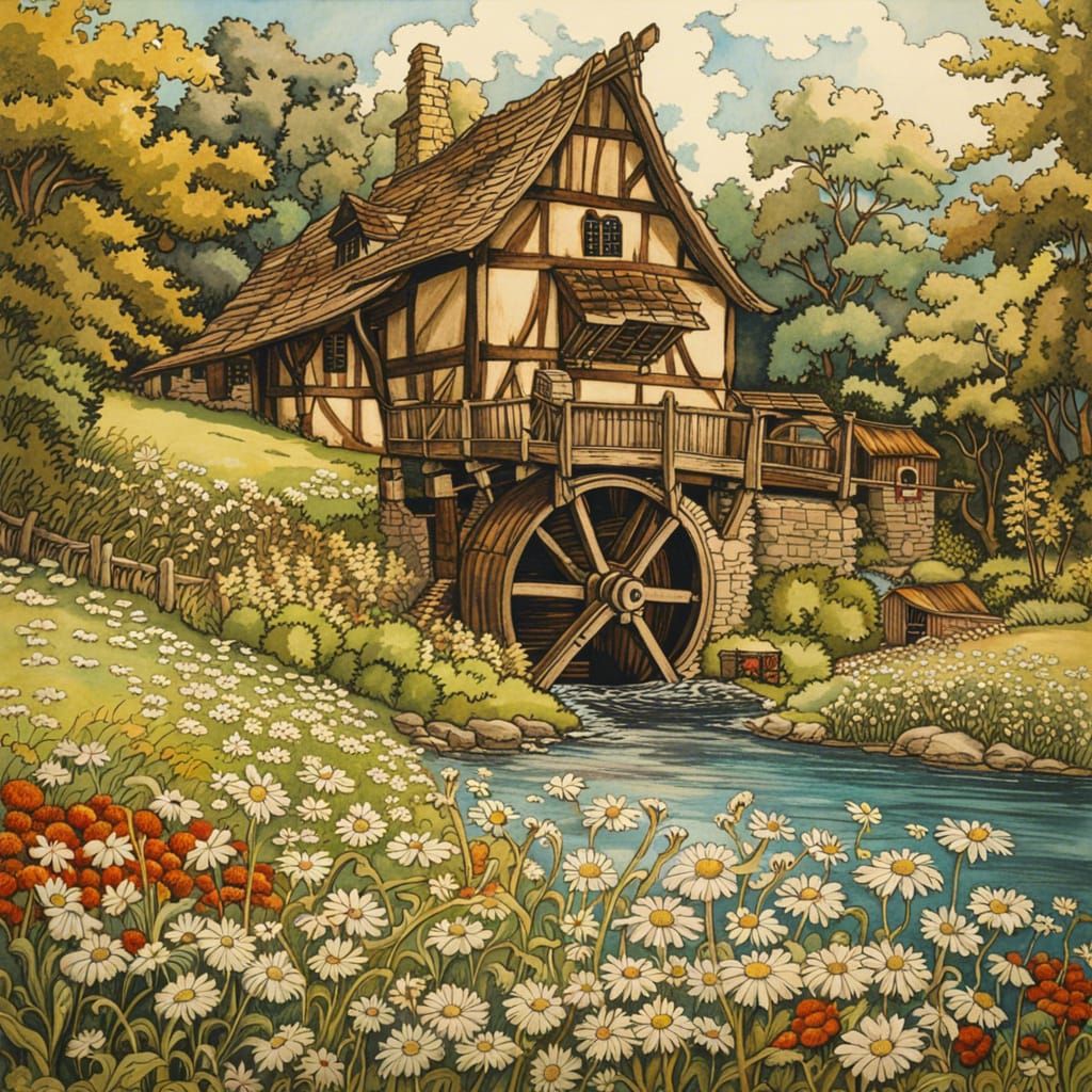 Medieval Watermill on Summer Day, Rackham Style