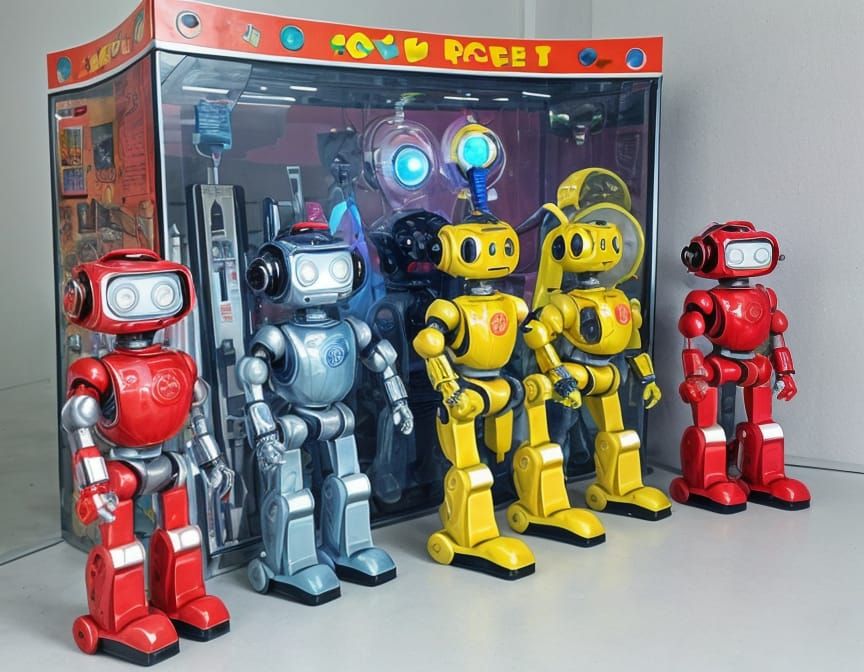 "Futuristic children's <lora:Epic Sci Fi SD1-5:1.0> toy store display. Robots