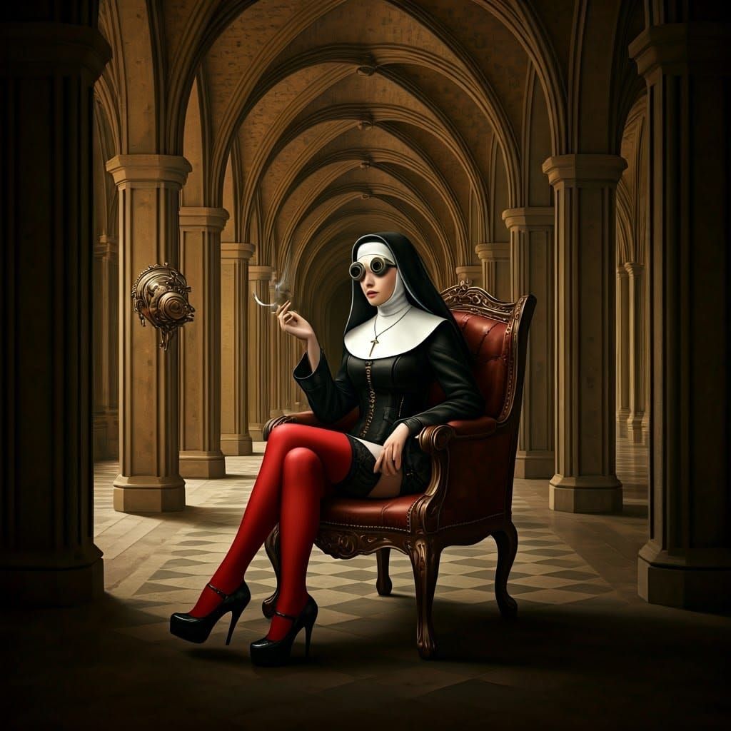 Steampunk Nun in Shadowed Corridor, Oil Painting