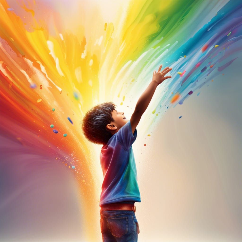 Boy Touches Rainbow in Splash Art Style