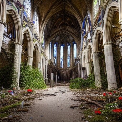 Cavernous Ruined Cathedral Interior in Solarpunk Style