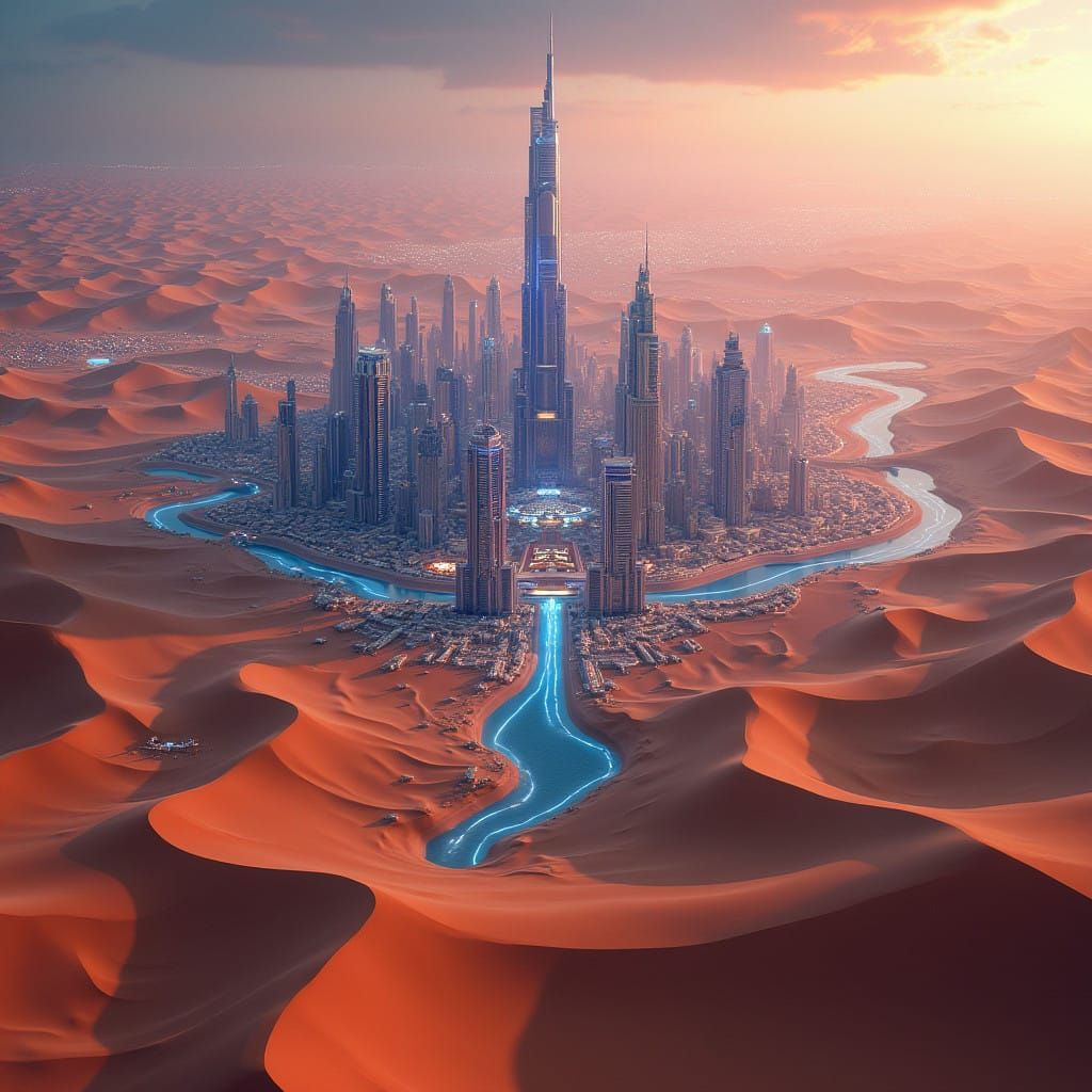 Hyper-Realistic Dubai Metropolis Amidst Majestic Desert Dune...