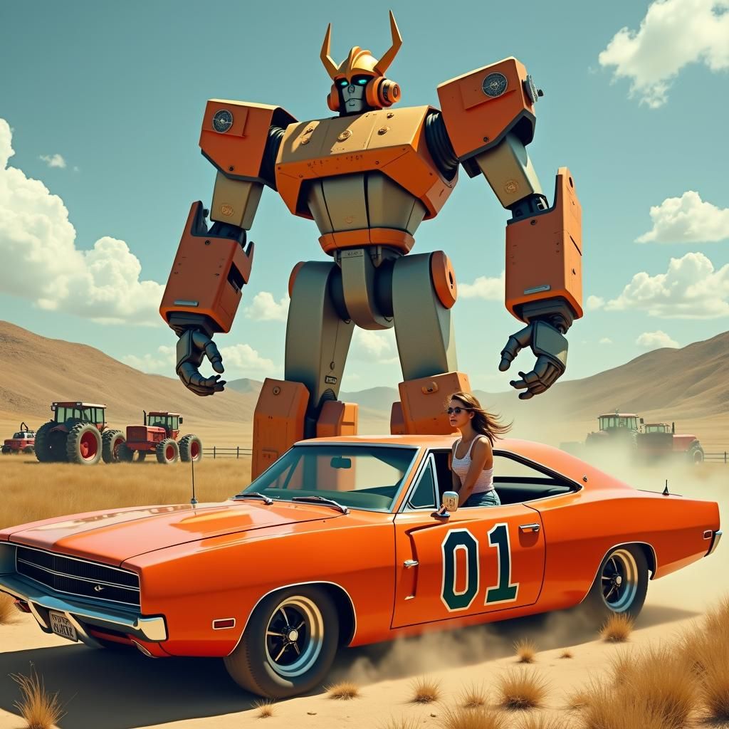 Daisy Duke and Voltron in Retro-Futuristic Landscape
