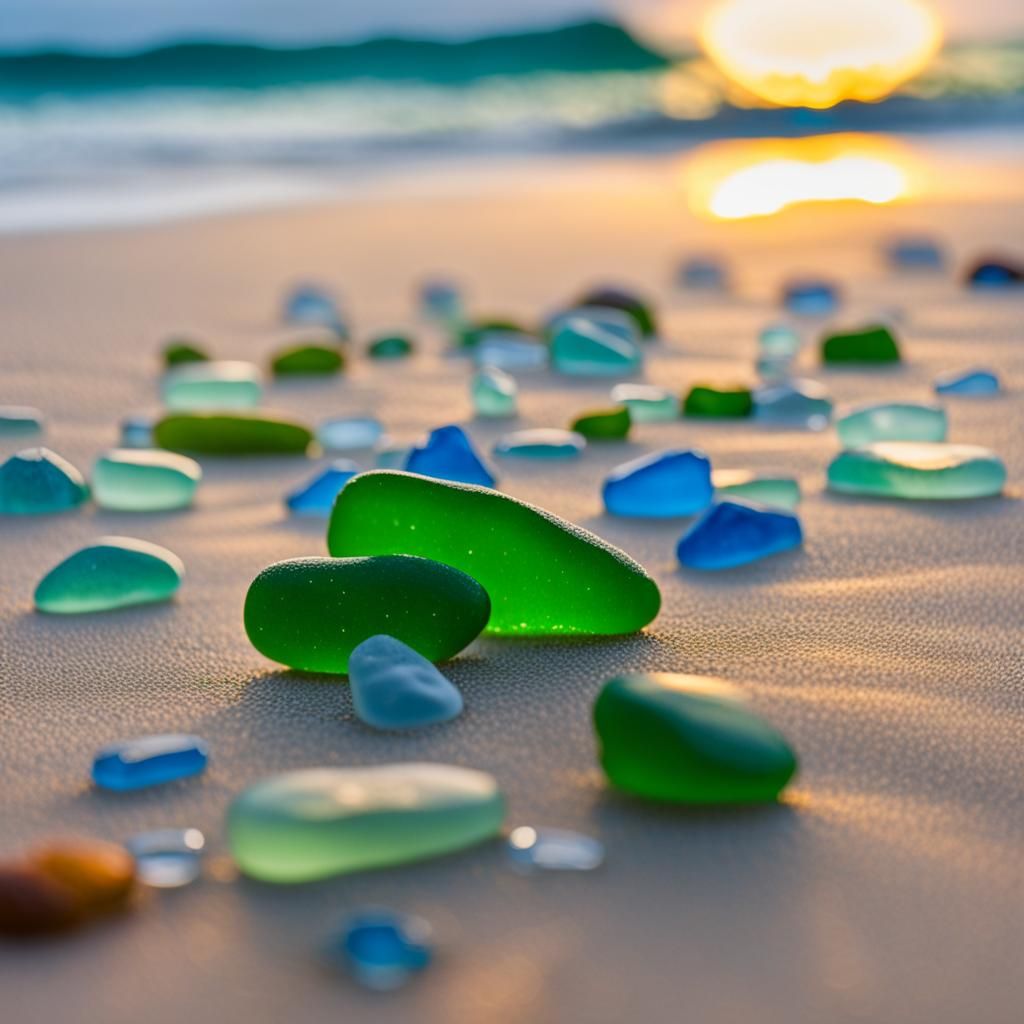 Sunset Sea Glass on a Sandy Beach