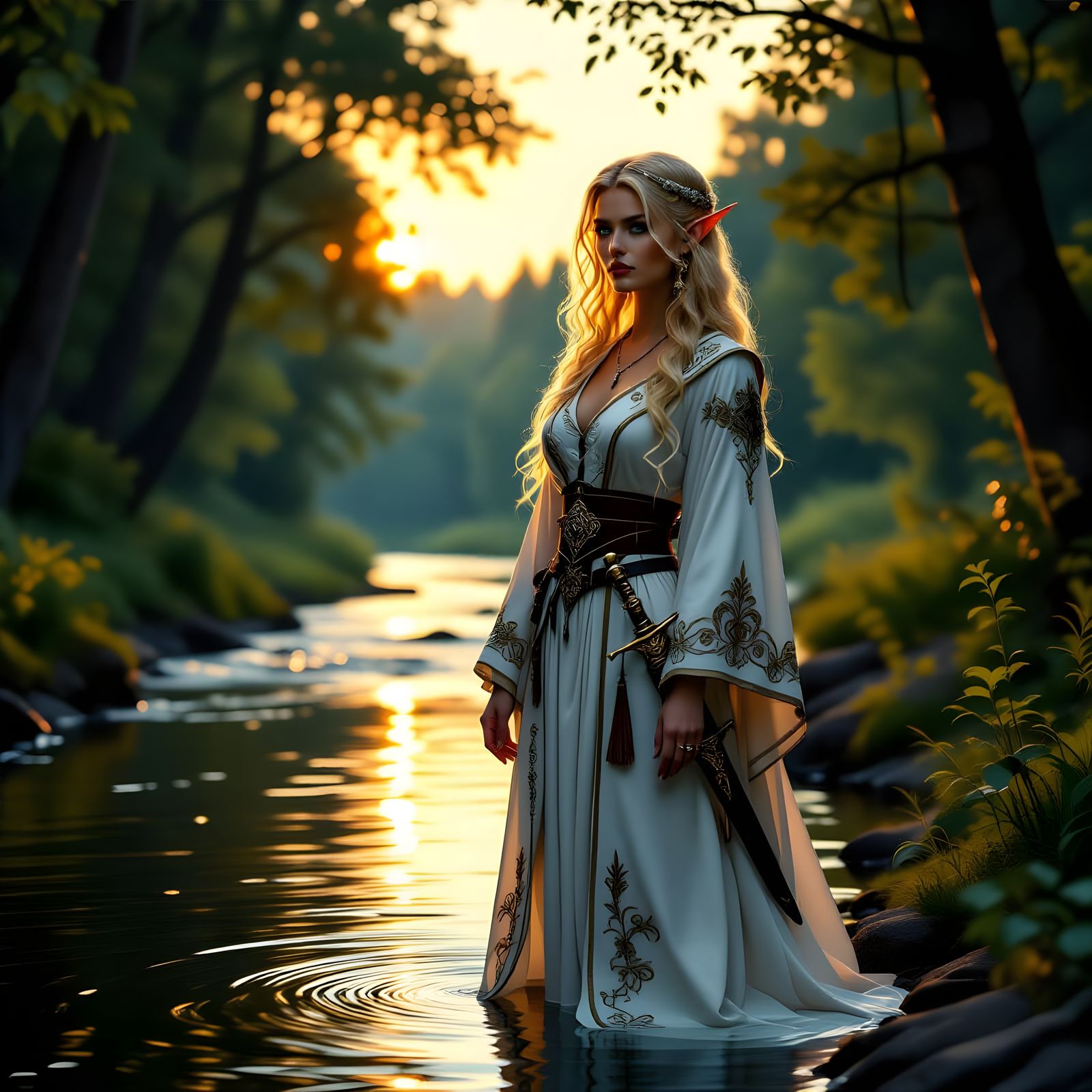 Half-Elf Woman in Forest River, Photorealistic Style