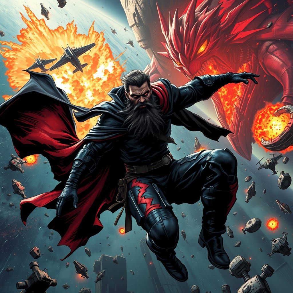 Dark Superhero Battles Villain in Space