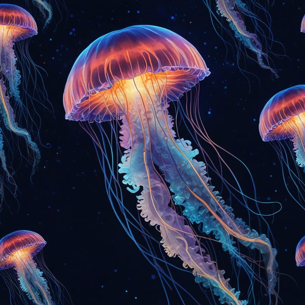 Glowing Jellyfish in Deep Water: Fauvist Digital Art