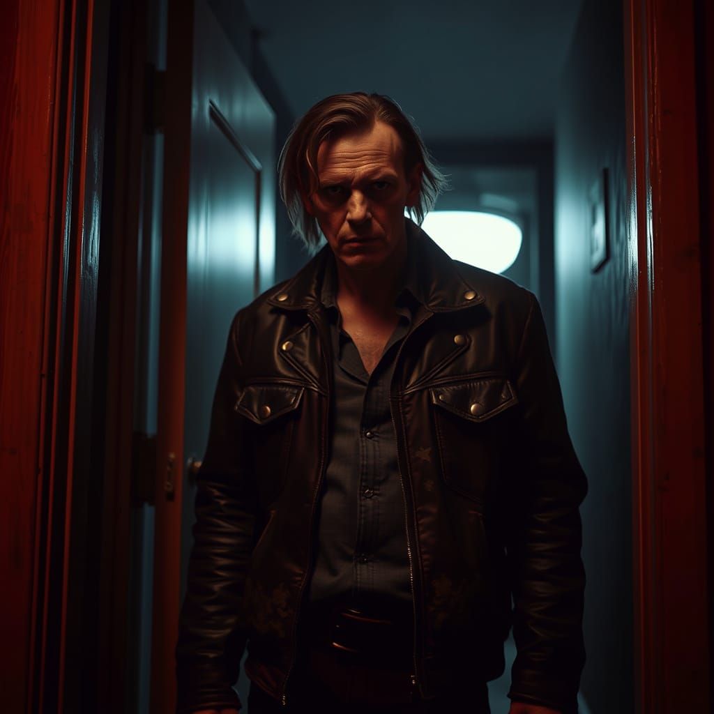 Menacing Serial Killer in Doorway, Cinematic HDR