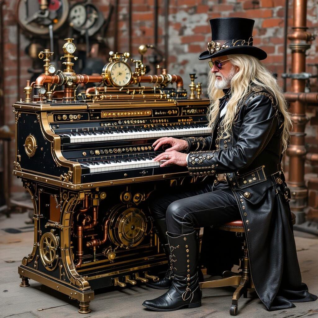 Steampunk Keyboardist at Elaborate Three-Tiered Keyboard