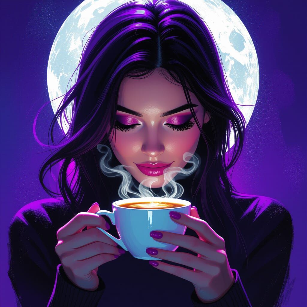 Woman Closing Eyes with Magenta Steam and Coffee Cup