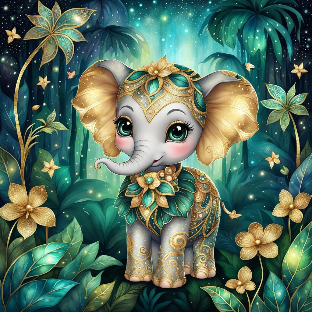 Magical chibi elephant in the enchanted jungle