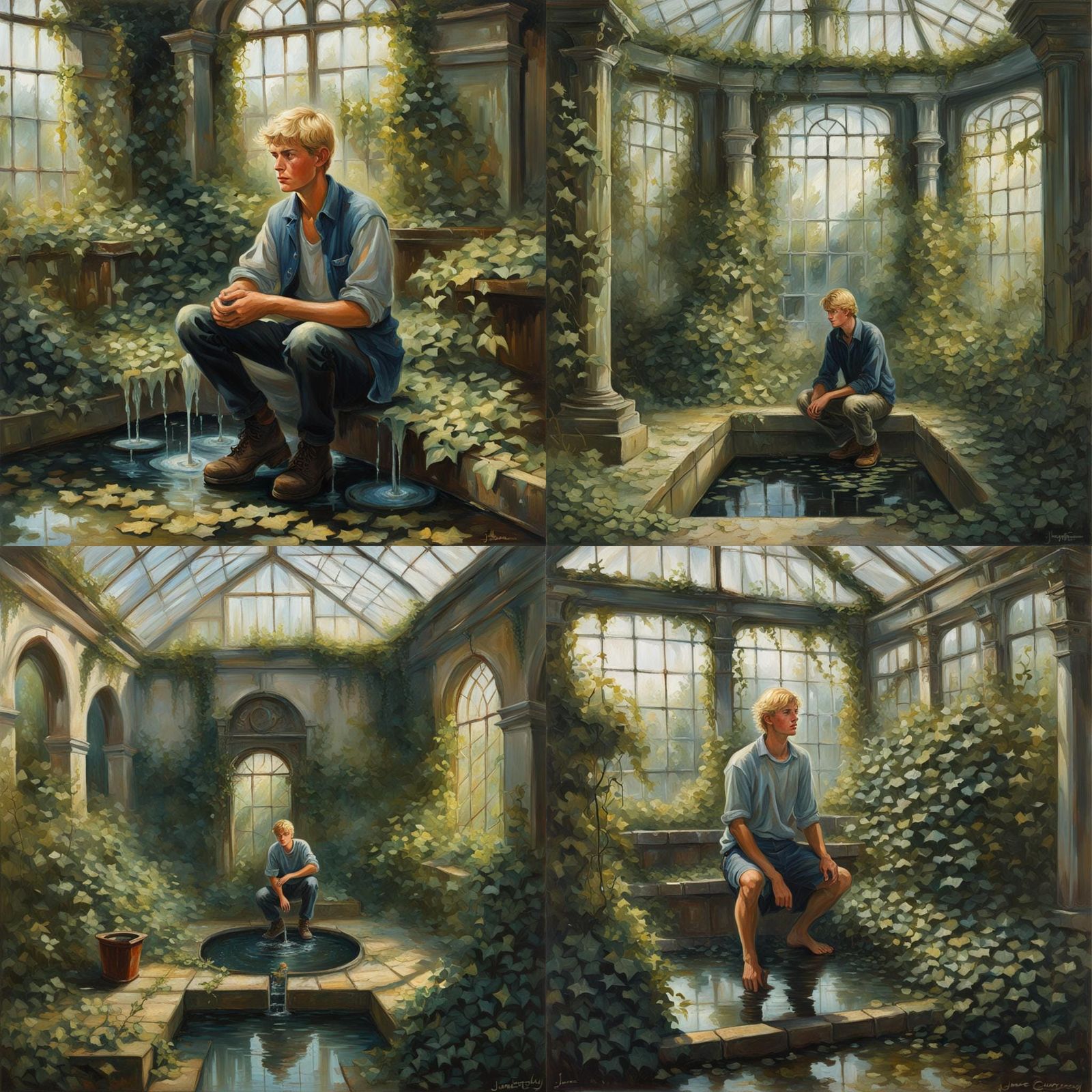 Boy and Magic Fountain in Overgrown Greenhouse