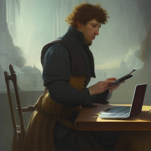 Renaissance Man Using Modern Technology, Digital Art