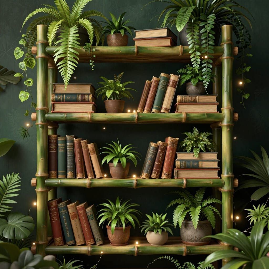 Enchanting Bamboo Bookshelf with Plants and Fairy Lights