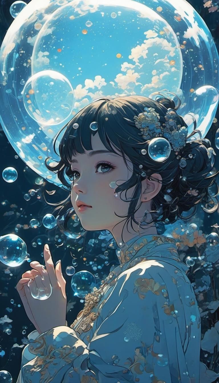 Dreamcore Girl in Bubble Clouds: Anime Style