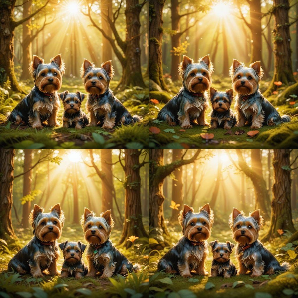 Cute Yorkshire Terrier Family in Enchanting Forest Fantasy A...