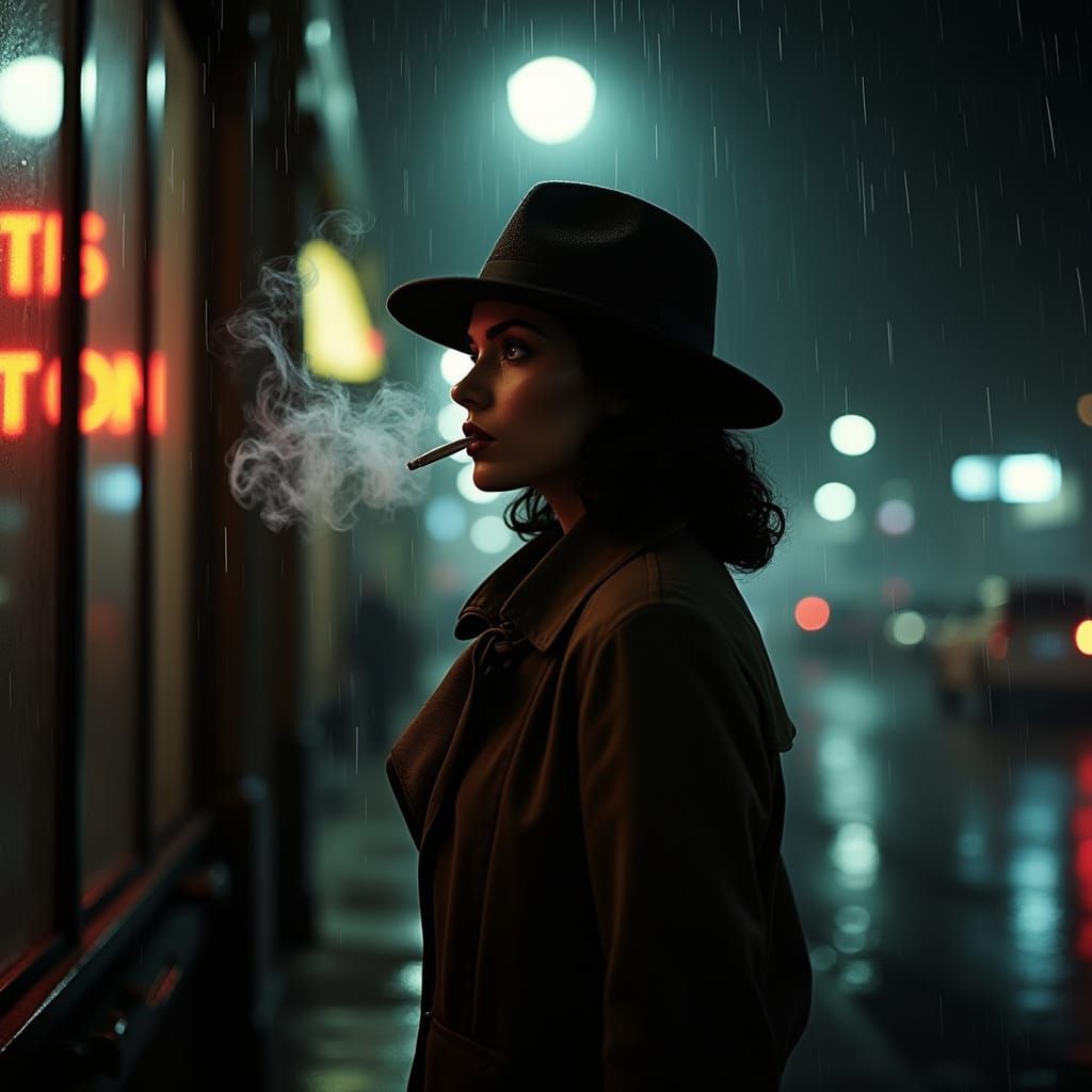 Glamorous 1940s Film Noir Detective Under Rainy City Streetl...