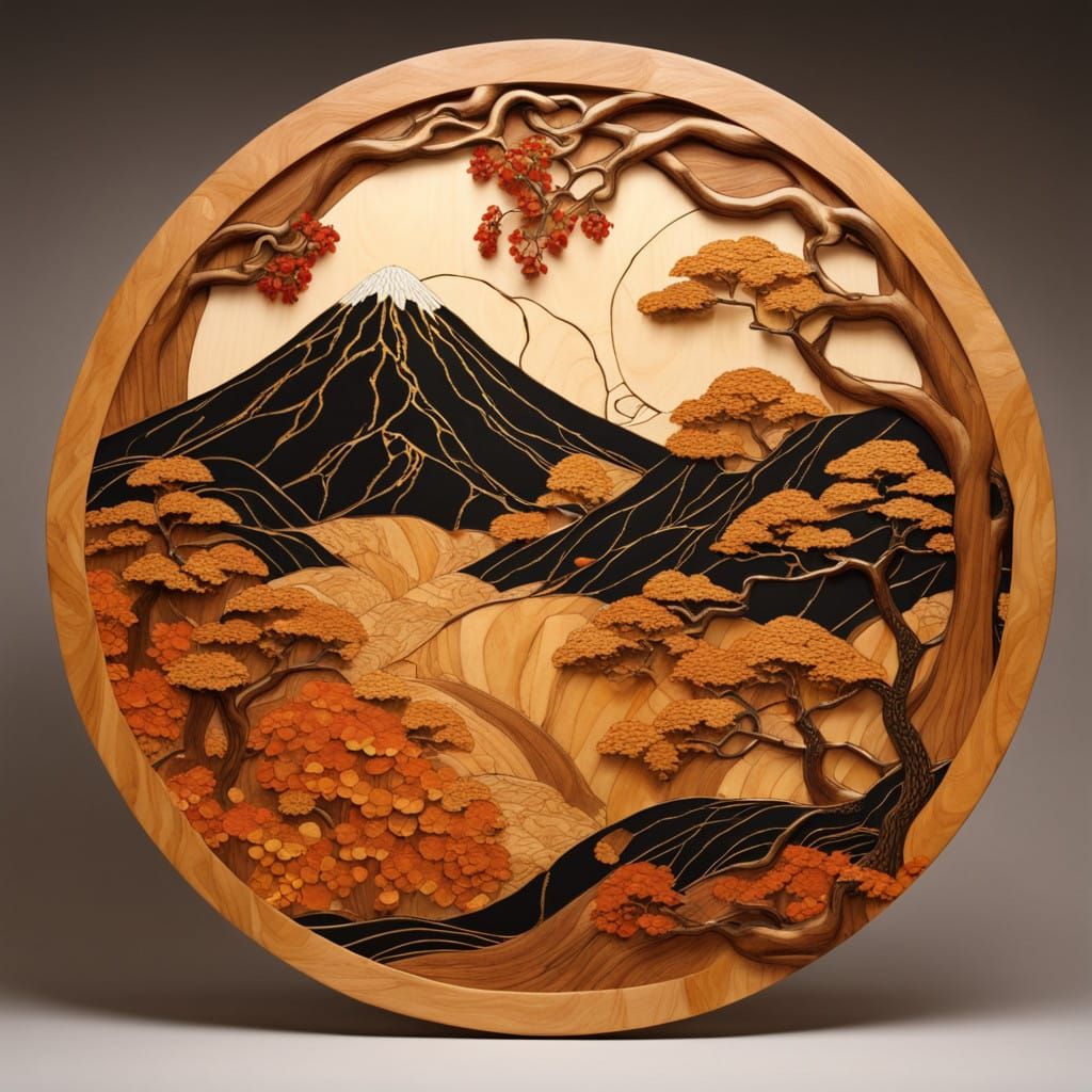 Golden Wood Fujiyama Masterpiece in Klimt Style Kintsugi Art