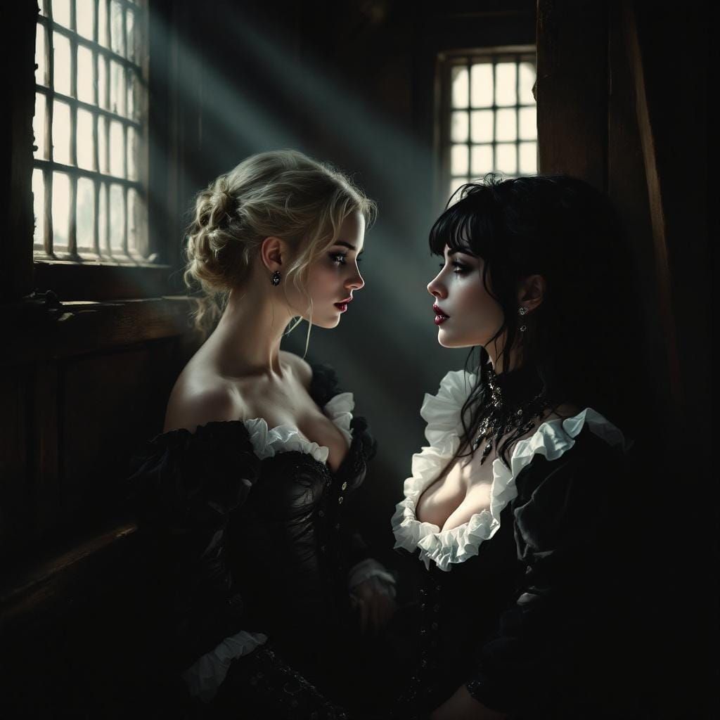 Gothic Women in Ship Interior with Chiaroscuro Lighting