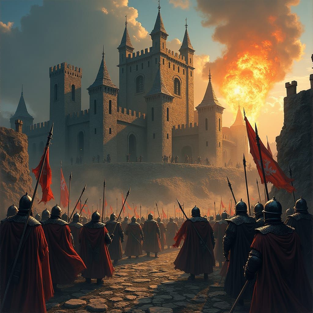 Gothic Fortress Under Siege in Dramatic Illustration