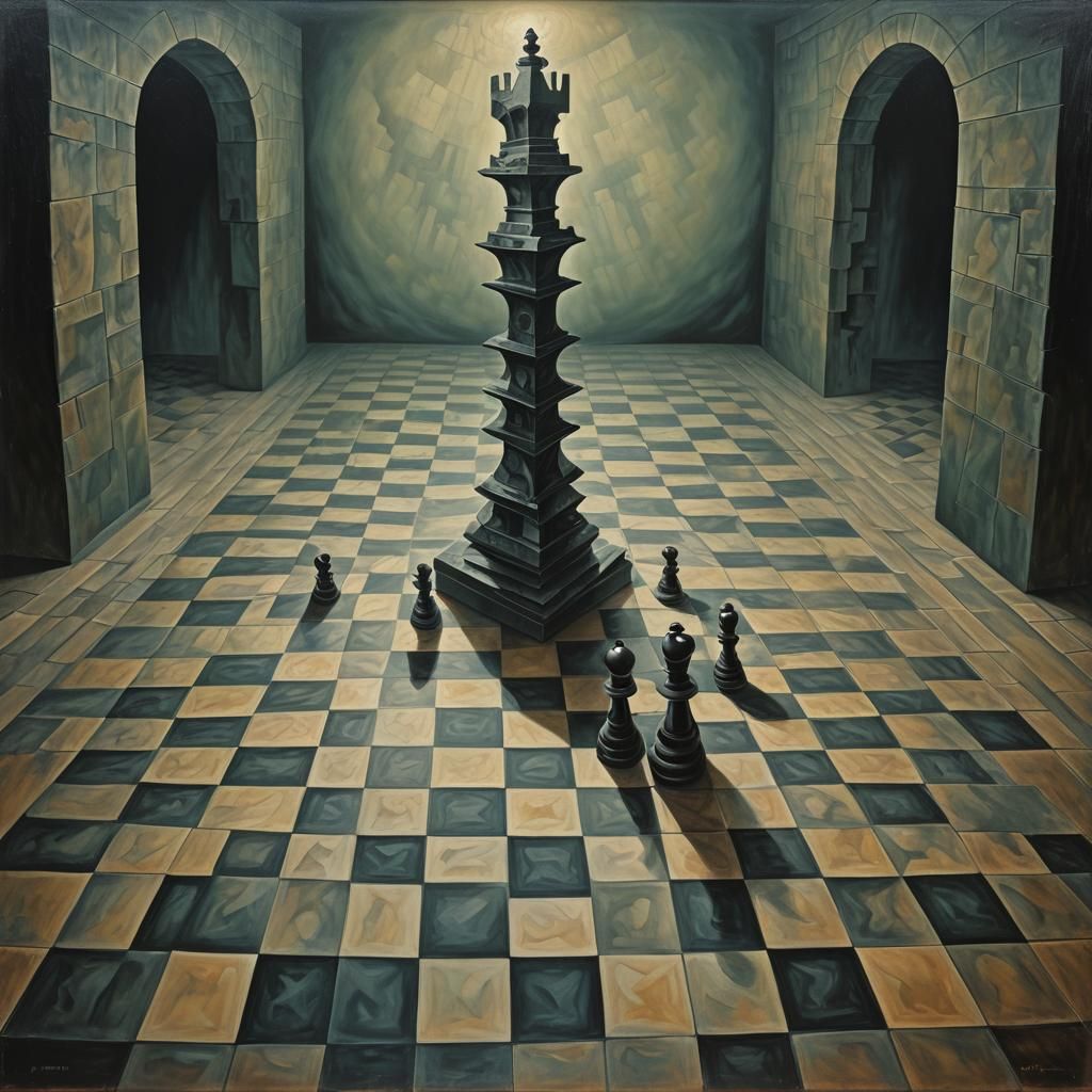 Surreal Chessboard in Dim Room: Oil Painting