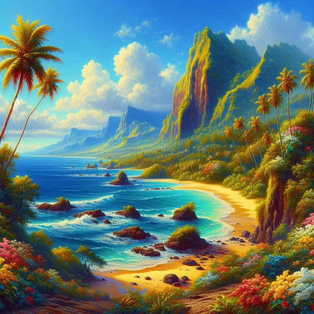 Serene Tropical Paradise Landscape in 19th Century Style