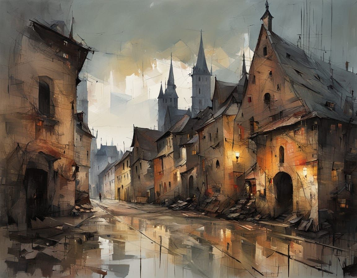 Medieval Townscape at Sunset in a Mix of Expressionist Style...