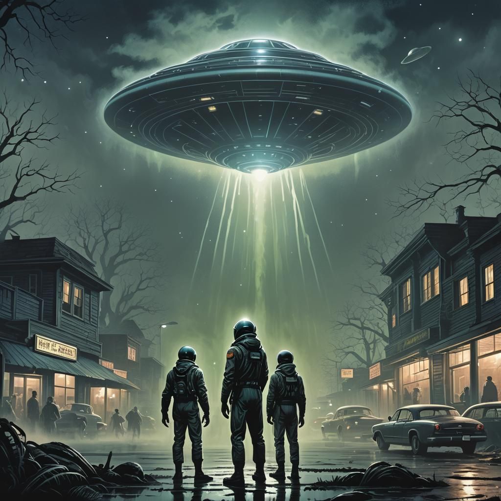 Alien and UFO in 1950s Futuristic Comic Style